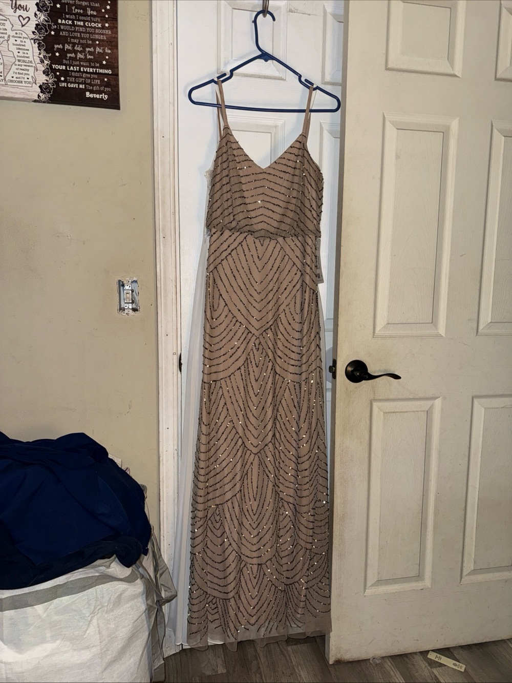 Adrianna Papell Taupe Beaded Spaghetti-Strap Maxi Dress